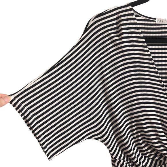 Potter's Pot Knot Front Black White Striped Dolman Sleeve Dress M - Picture 5 of 9